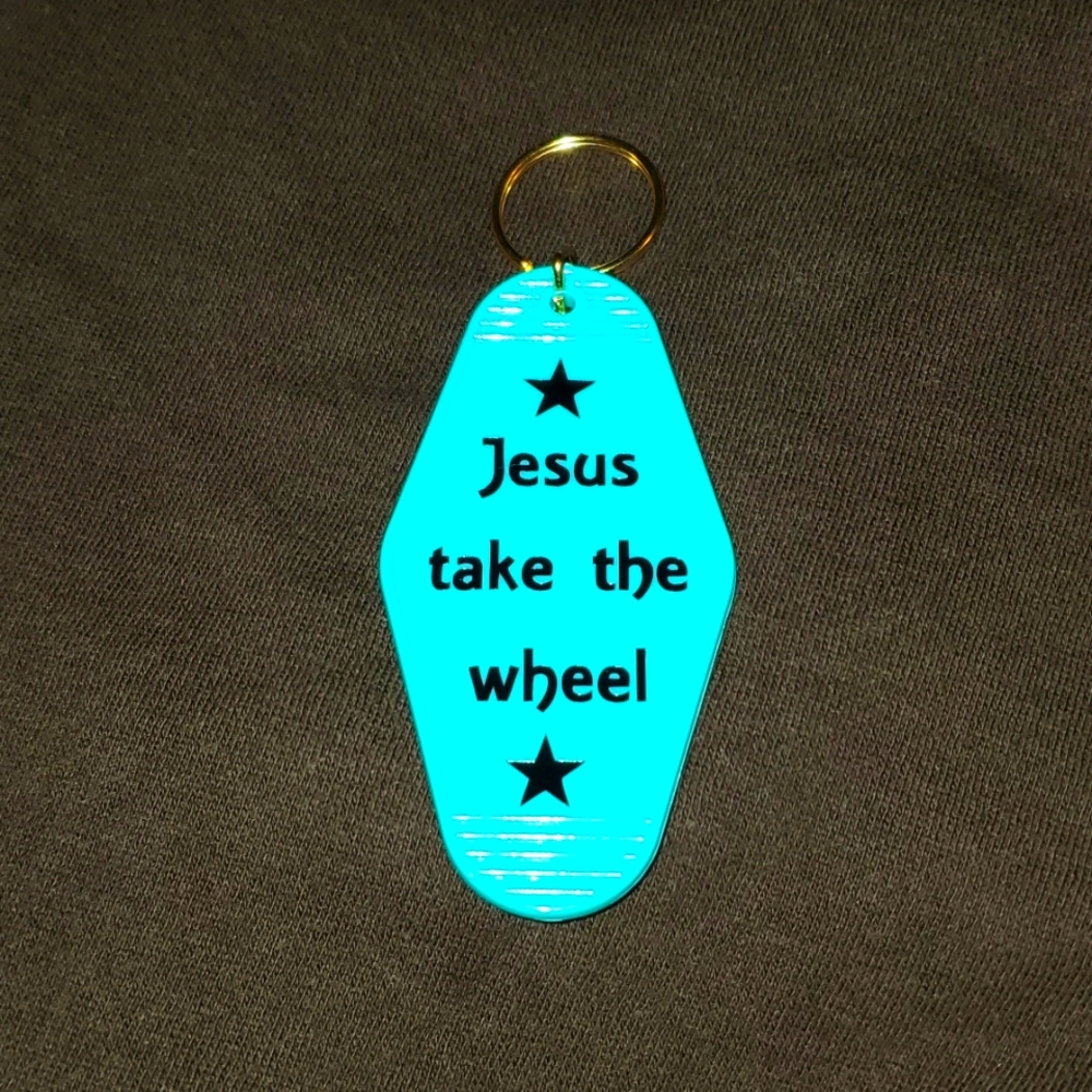 Jesus take the wheel Motel Style Teal Keychain